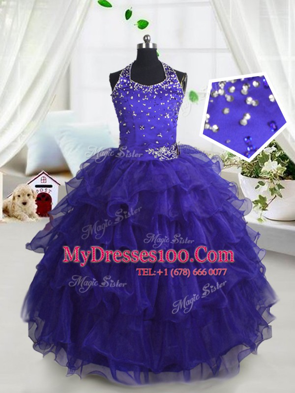 Scoop Navy Blue Sleeveless Beading and Ruffled Layers Floor Length Flower Girl Dresses