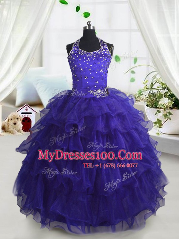 Scoop Navy Blue Sleeveless Beading and Ruffled Layers Floor Length Flower Girl Dresses