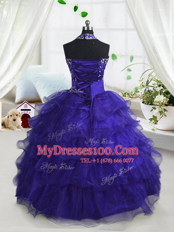 Scoop Navy Blue Sleeveless Beading and Ruffled Layers Floor Length Flower Girl Dresses