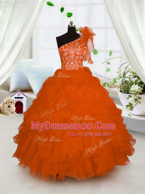 Vintage One Shoulder Orange Lace Up Child Pageant Dress Embroidery and Ruffles Sleeveless Floor Length