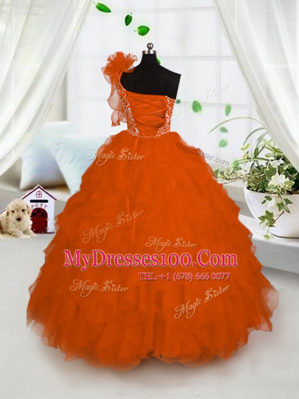 Vintage One Shoulder Orange Lace Up Child Pageant Dress Embroidery and Ruffles Sleeveless Floor Length