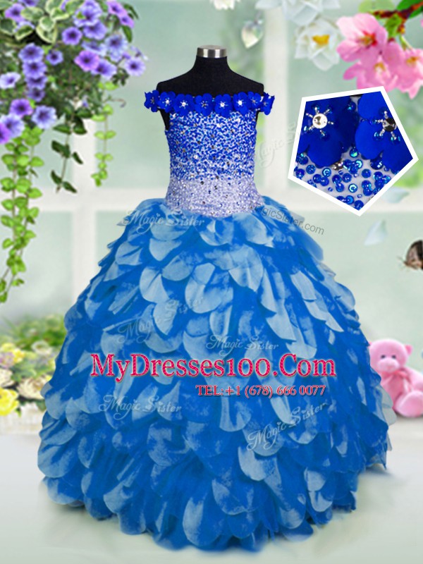 Blue Ball Gowns Organza Off The Shoulder Short Sleeves Beading and Sashes ribbons and Sequins Floor Length Lace Up Toddler Flower Girl Dress