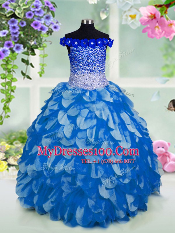 Blue Ball Gowns Organza Off The Shoulder Short Sleeves Beading and Sashes ribbons and Sequins Floor Length Lace Up Toddler Flower Girl Dress