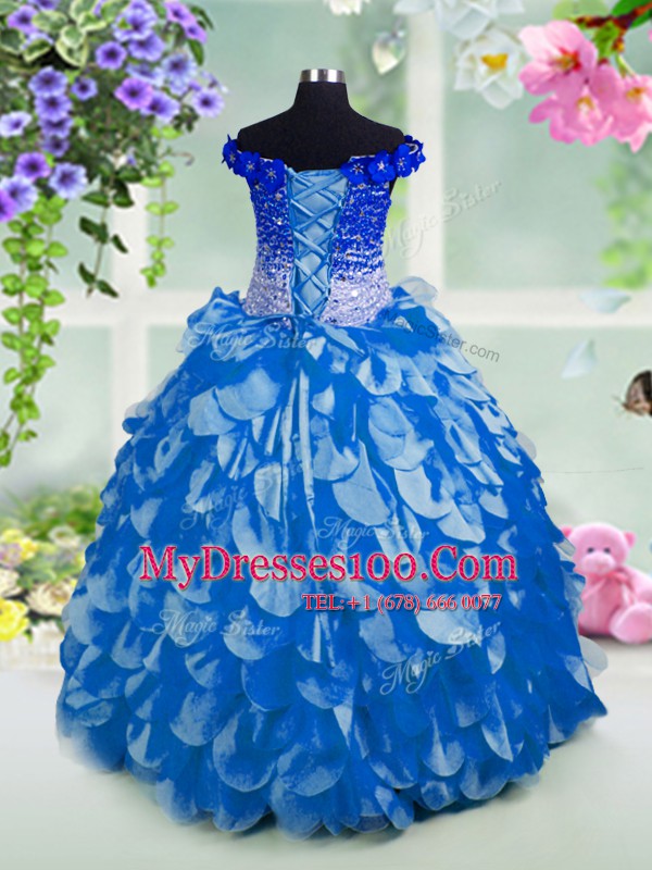 Blue Ball Gowns Organza Off The Shoulder Short Sleeves Beading and Sashes ribbons and Sequins Floor Length Lace Up Toddler Flower Girl Dress