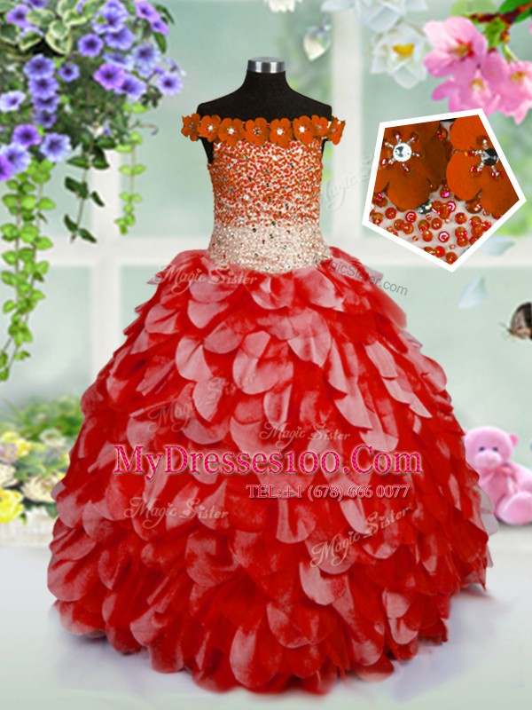 Off the Shoulder Red Ball Gowns Beading and Hand Made Flower Flower Girl Dresses for Less Lace Up Organza Sleeveless High Low