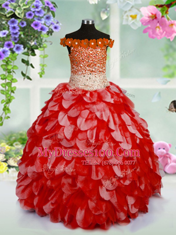 Off the Shoulder Red Ball Gowns Beading and Hand Made Flower Flower Girl Dresses for Less Lace Up Organza Sleeveless High Low