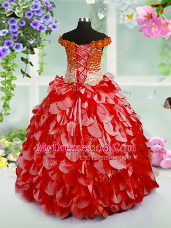 Off the Shoulder Red Ball Gowns Beading and Hand Made Flower Flower Girl Dresses for Less Lace Up Organza Sleeveless High Low