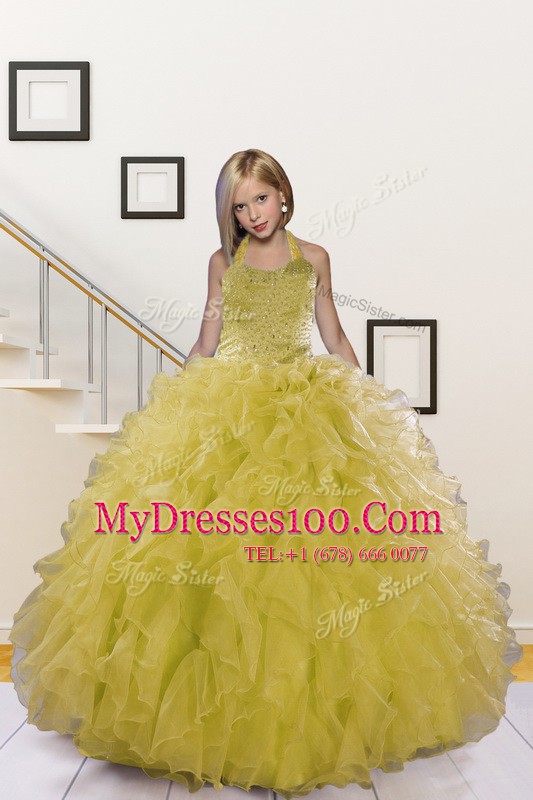 Adorable Halter Top Sleeveless Lace Up Floor Length Beading and Ruffles Girls Pageant Dresses