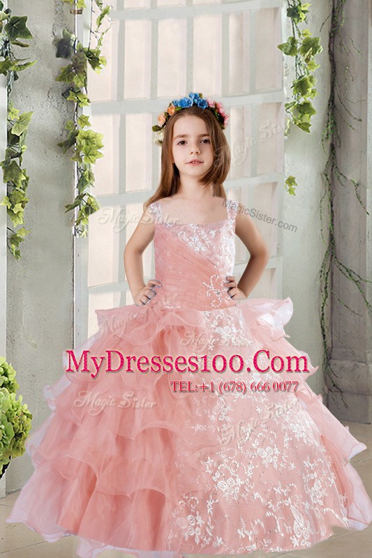Baby Pink Lace Up Flower Girl Dress Lace and Ruffled Layers Sleeveless Floor Length