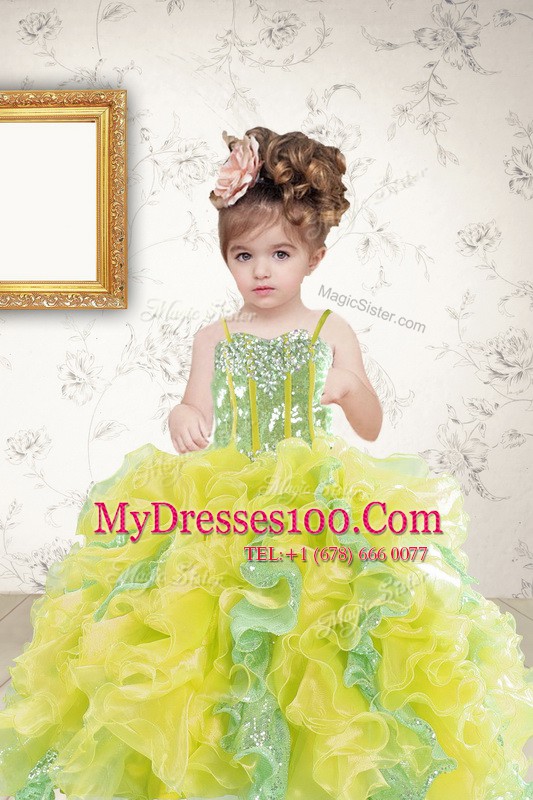 Floor Length Multi-color Pageant Gowns For Girls Organza Sleeveless Beading and Ruffles and Sequins