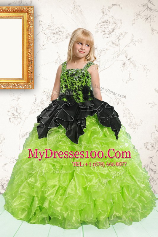 Organza Straps Sleeveless Lace Up Beading and Pick Ups Little Girls Pageant Dress Wholesale in Apple Green