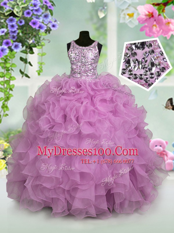 Extravagant Scoop Lilac Sleeveless Floor Length Ruffles and Sequins Zipper Little Girls Pageant Dress Wholesale