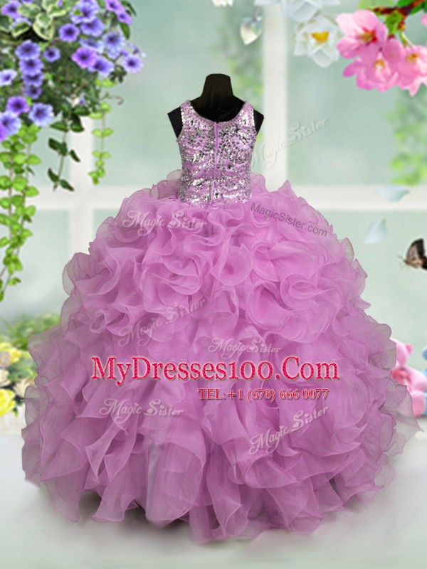 Extravagant Scoop Lilac Sleeveless Floor Length Ruffles and Sequins Zipper Little Girls Pageant Dress Wholesale