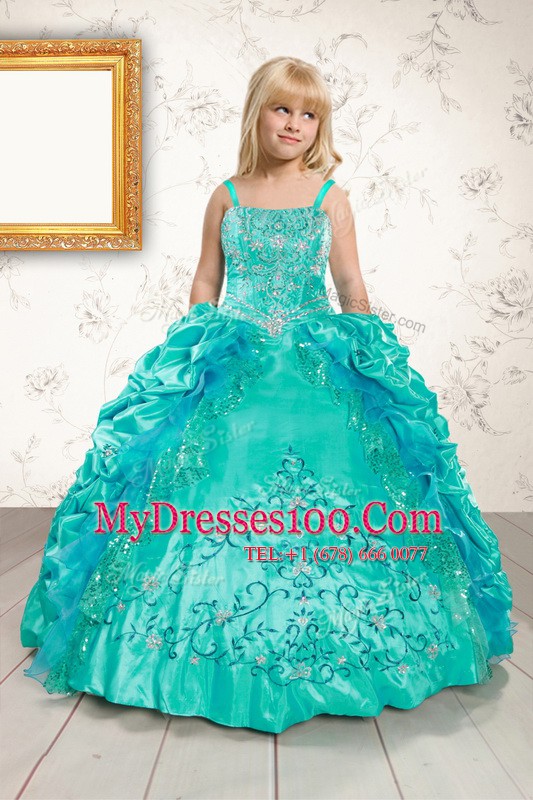 Sleeveless Floor Length Beading and Appliques and Pick Ups Lace Up Little Girl Pageant Dress with Aqua Blue