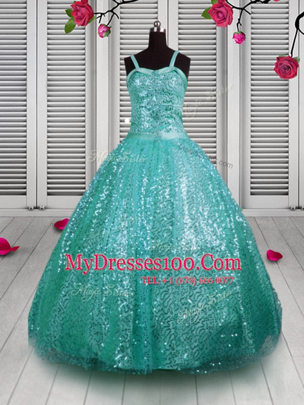 Deluxe Turquoise Sleeveless Floor Length Beading and Sequins Lace Up Little Girls Pageant Dress
