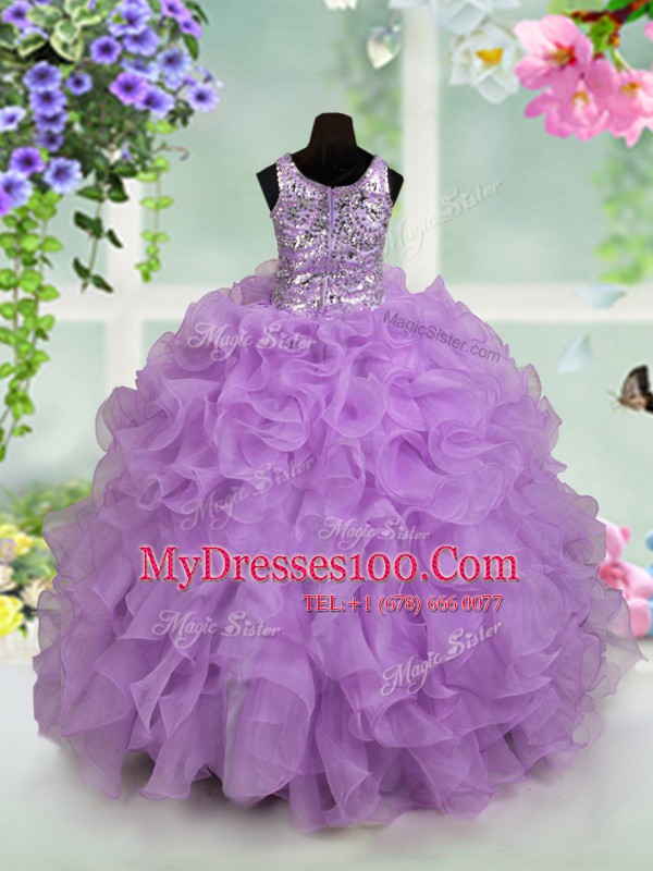 Popular Scoop Sleeveless Zipper Floor Length Ruffles and Sequins Flower Girl Dresses for Less