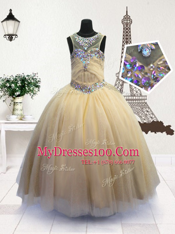Gorgeous Scoop Light Yellow Zipper Little Girl Pageant Dress Beading Sleeveless Floor Length