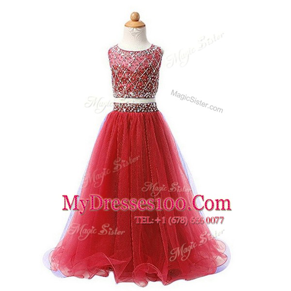 Organza Scoop Sleeveless Zipper Beading Toddler Flower Girl Dress in Red