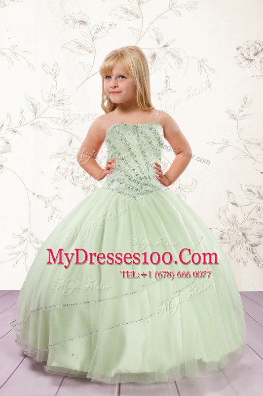 Apple Green Ball Gowns Beading Kids Formal Wear Lace Up Tulle Sleeveless Floor Length
