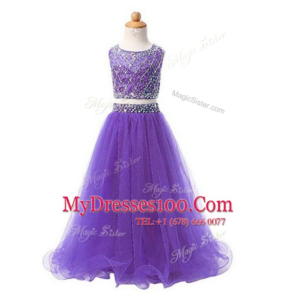 Two Pieces Flower Girl Dress Lavender Scoop Organza Sleeveless Floor Length Zipper