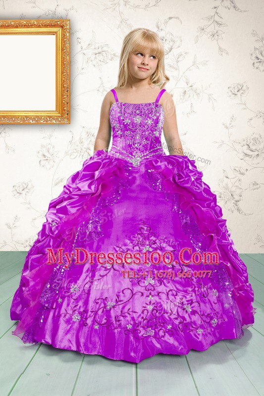 Pick Ups Spaghetti Straps Sleeveless Lace Up Flower Girl Dress Fuchsia Satin