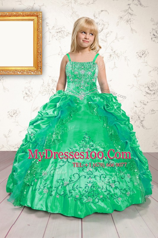 Sleeveless Satin Floor Length Lace Up Little Girl Pageant Dress in Green with Beading and Appliques and Pick Ups