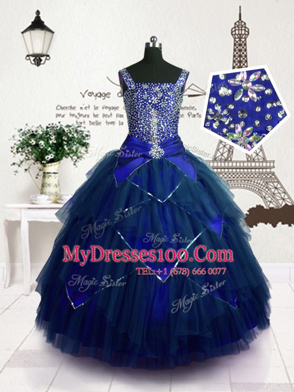 Luxurious Royal Blue Ball Gowns Tulle Straps Sleeveless Beading and Belt Floor Length Lace Up Flower Girl Dress