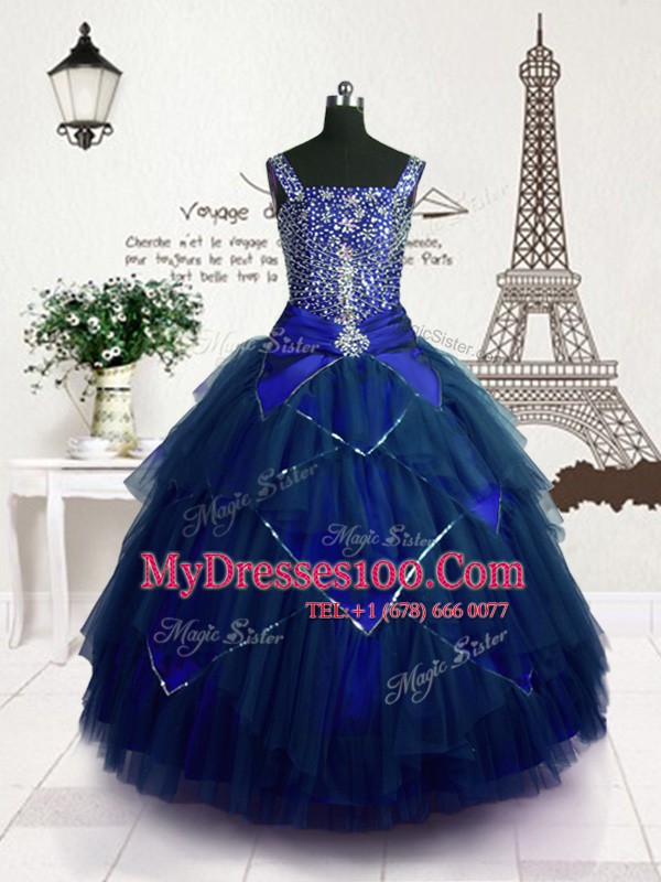 Luxurious Royal Blue Ball Gowns Tulle Straps Sleeveless Beading and Belt Floor Length Lace Up Flower Girl Dress