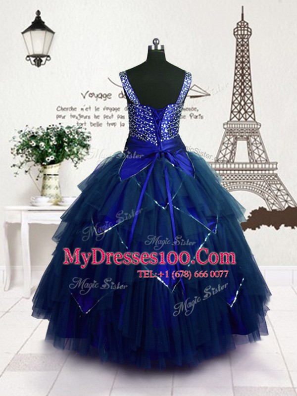 Luxurious Royal Blue Ball Gowns Tulle Straps Sleeveless Beading and Belt Floor Length Lace Up Flower Girl Dress