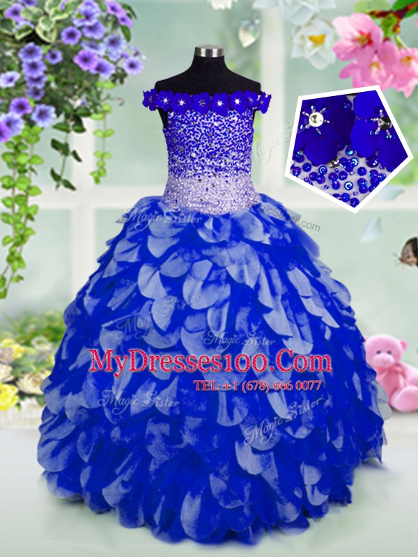 Unique Off the Shoulder Floor Length Lace Up Little Girls Pageant Gowns Royal Blue for Party and Wedding Party with Beading and Hand Made Flower