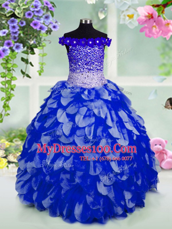 Unique Off the Shoulder Floor Length Lace Up Little Girls Pageant Gowns Royal Blue for Party and Wedding Party with Beading and Hand Made Flower