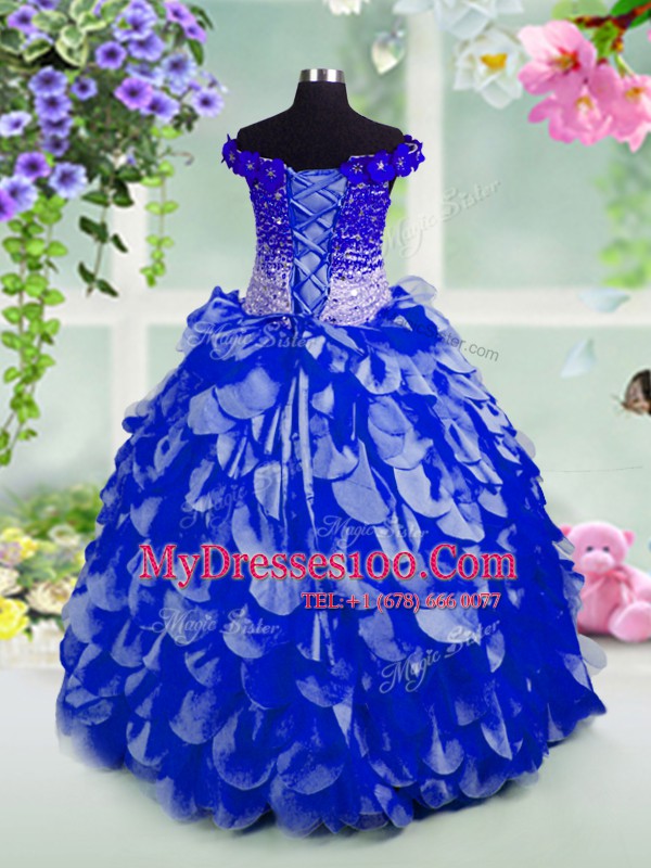 Unique Off the Shoulder Floor Length Lace Up Little Girls Pageant Gowns Royal Blue for Party and Wedding Party with Beading and Hand Made Flower