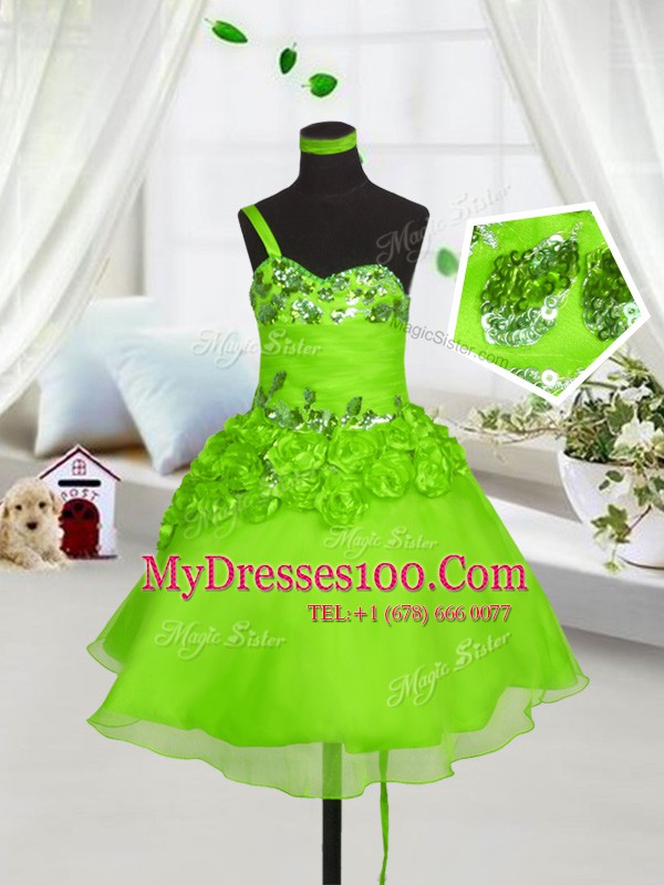 Dazzling One Shoulder Lace Up Beading and Hand Made Flower Toddler Flower Girl Dress Sleeveless