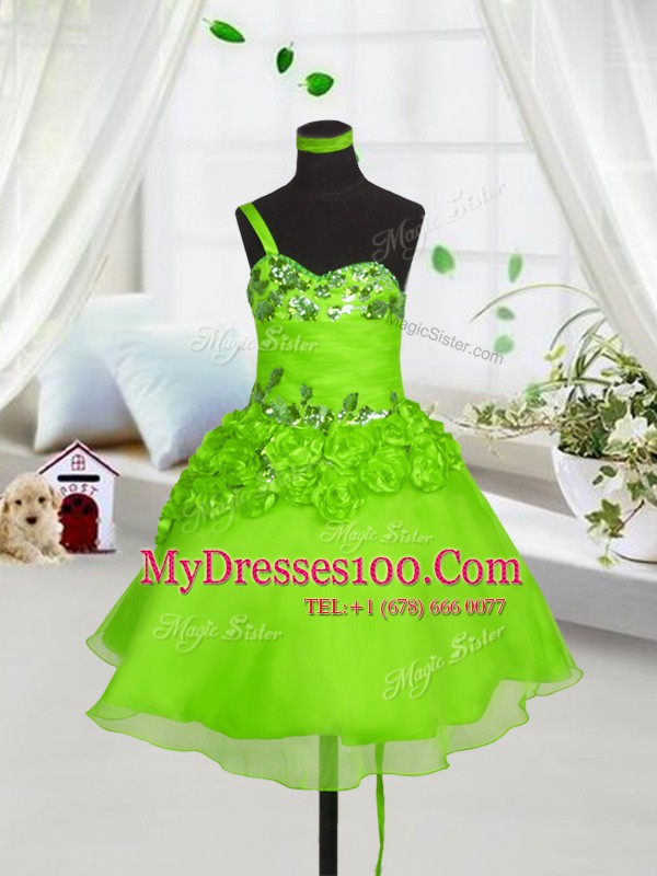 Dazzling One Shoulder Lace Up Beading and Hand Made Flower Toddler Flower Girl Dress Sleeveless
