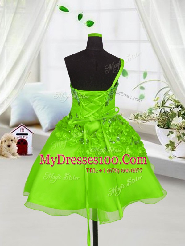 Dazzling One Shoulder Lace Up Beading and Hand Made Flower Toddler Flower Girl Dress Sleeveless