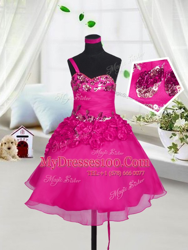 Classical Fuchsia Sleeveless Organza Lace Up Flower Girl Dress for Party and Wedding Party