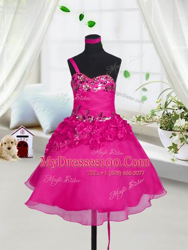 Classical Fuchsia Sleeveless Organza Lace Up Flower Girl Dress for Party and Wedding Party