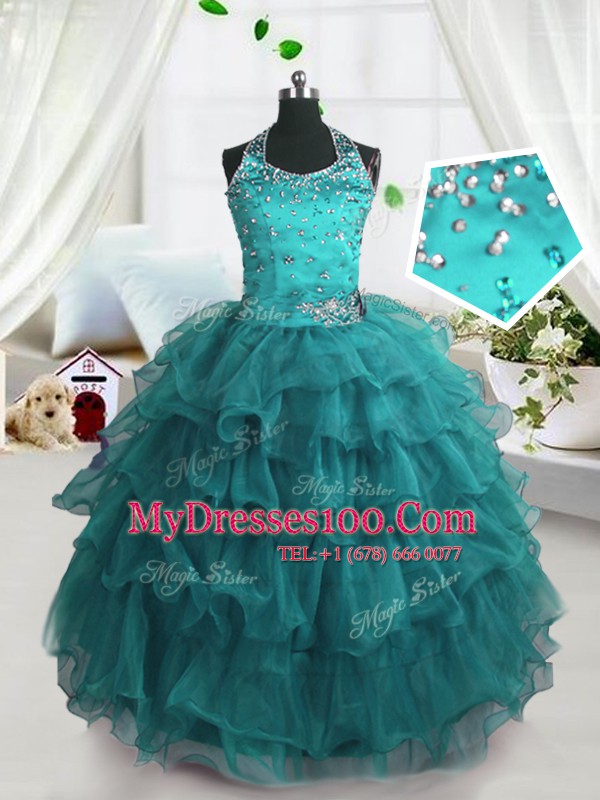 Edgy Beading and Ruffled Layers Little Girls Pageant Dress Turquoise Lace Up Sleeveless Floor Length