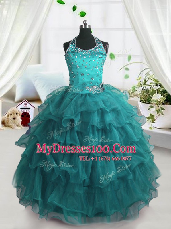 Edgy Beading and Ruffled Layers Little Girls Pageant Dress Turquoise Lace Up Sleeveless Floor Length