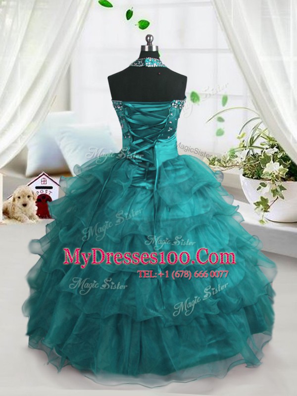 Edgy Beading and Ruffled Layers Little Girls Pageant Dress Turquoise Lace Up Sleeveless Floor Length
