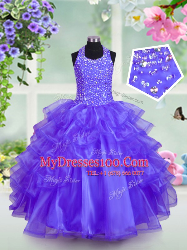 Blue Toddler Flower Girl Dress Party and For with Beading and Ruffled Layers Halter Top Sleeveless Lace Up