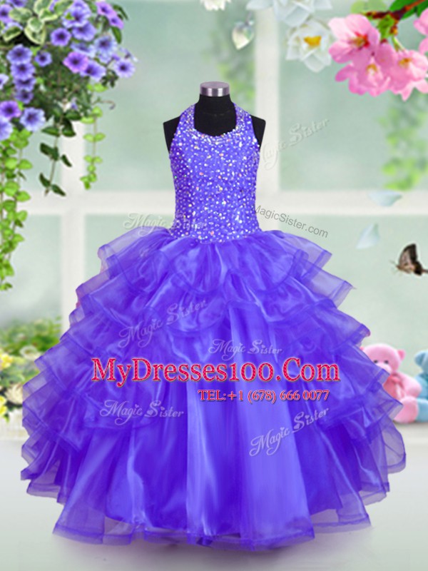 Blue Toddler Flower Girl Dress Party and For with Beading and Ruffled Layers Halter Top Sleeveless Lace Up