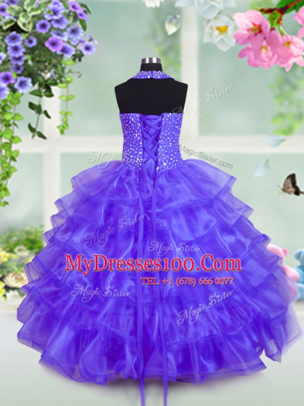 Blue Toddler Flower Girl Dress Party and For with Beading and Ruffled Layers Halter Top Sleeveless Lace Up