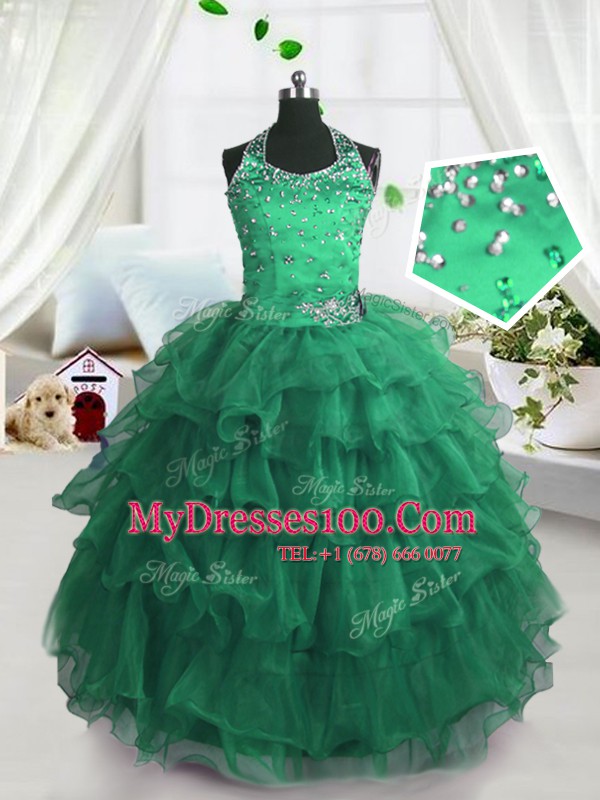 Scoop Sleeveless Organza Floor Length Lace Up Flower Girl Dresses for Less in Peacock Green with Beading and Ruffled Layers