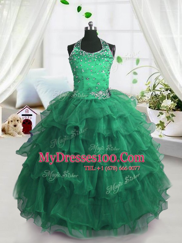 Scoop Sleeveless Organza Floor Length Lace Up Flower Girl Dresses for Less in Peacock Green with Beading and Ruffled Layers