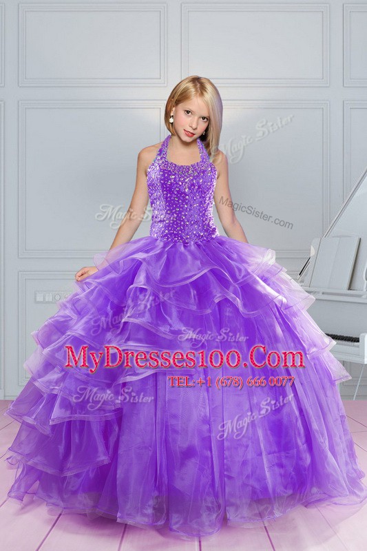 Lavender Organza Lace Up Halter Top Sleeveless Floor Length Kids Pageant Dress Beading and Ruffles