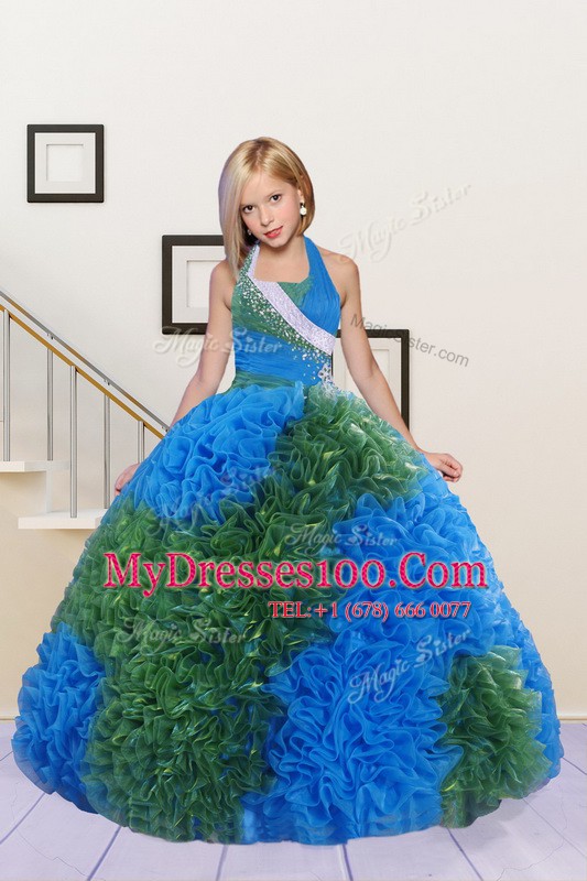 Fantastic Halter Top Sleeveless Floor Length Beading and Ruffles Lace Up Child Pageant Dress with Blue and Dark Green