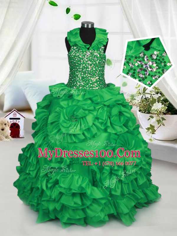 Ball Gowns Little Girls Pageant Dress Green Halter Top Taffeta Sleeveless Floor Length Zipper