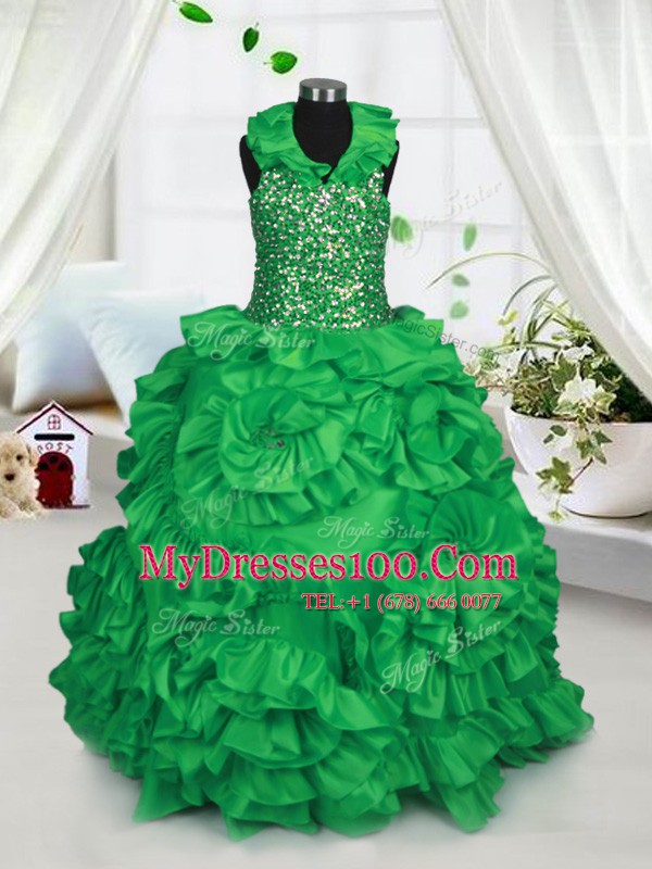 Ball Gowns Little Girls Pageant Dress Green Halter Top Taffeta Sleeveless Floor Length Zipper