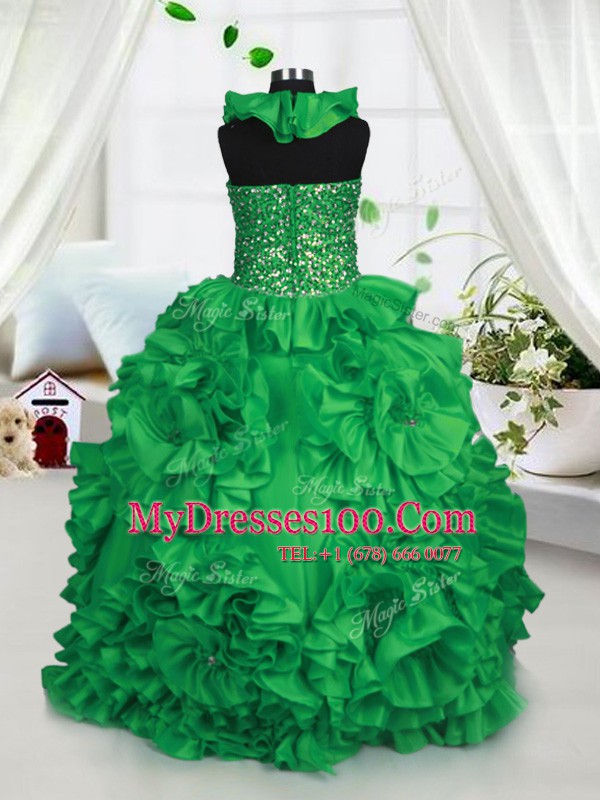 Ball Gowns Little Girls Pageant Dress Green Halter Top Taffeta Sleeveless Floor Length Zipper